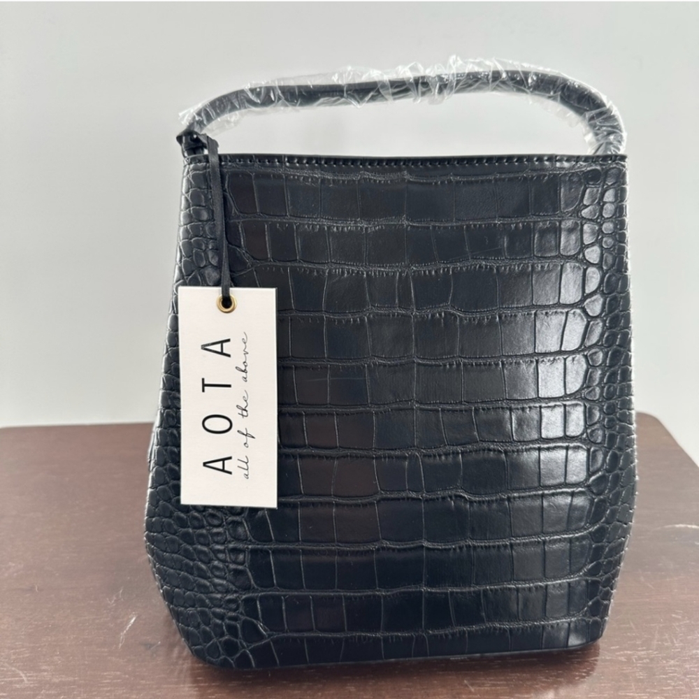 Aota Elena Black Faux Croc Bucket Bag NWT